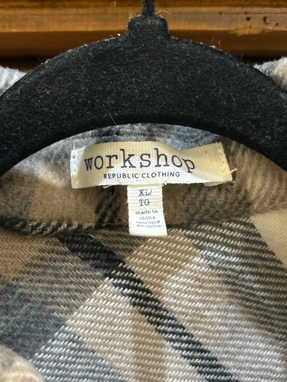 Workshop Republic Clothing Plaid Snap-Front Jacket in Cream, Gray, and Tan EUC